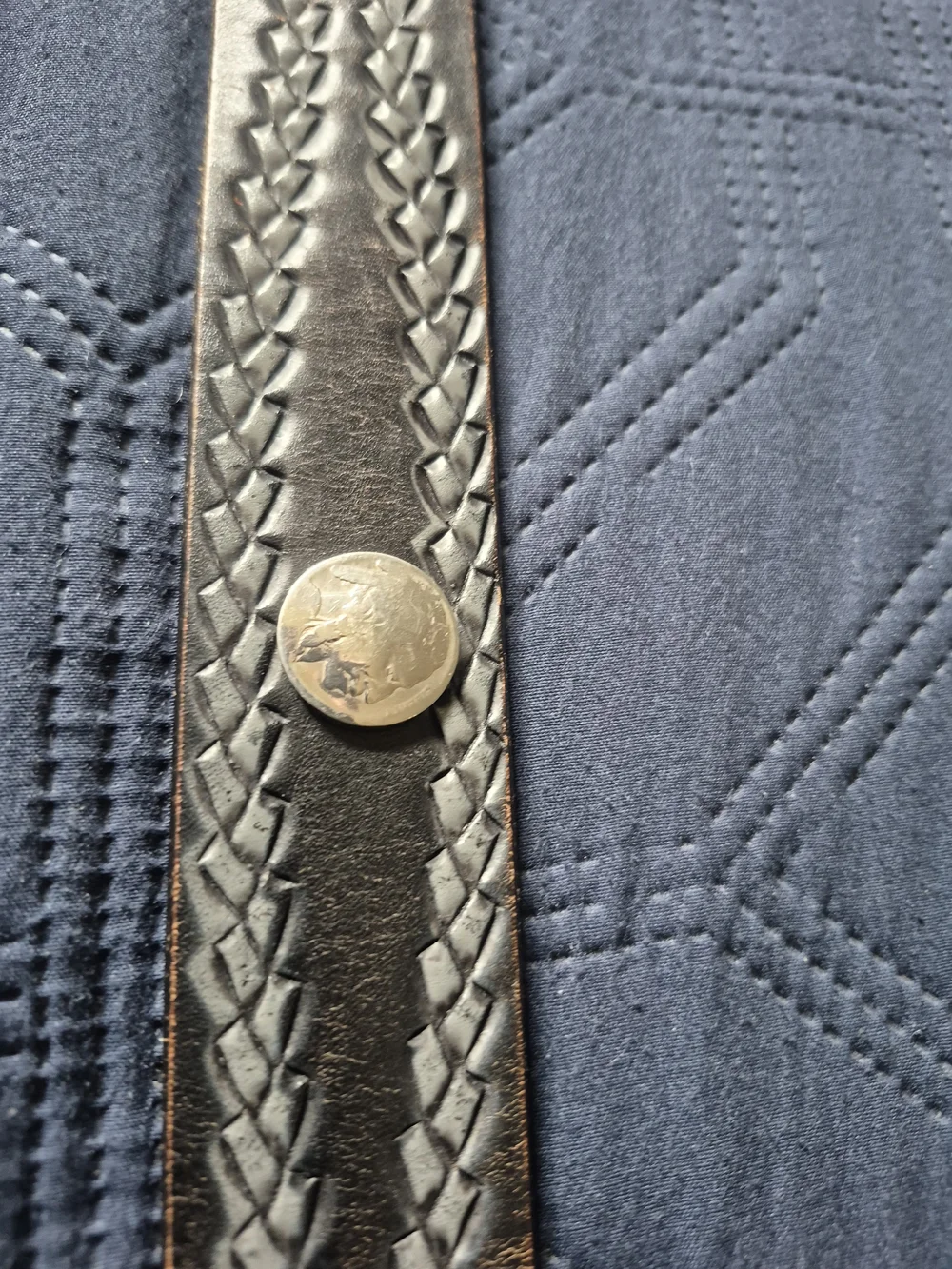 Vintage Mens Size 40 Black Tooled Leather Western Belt with Silver Concho/ Coins